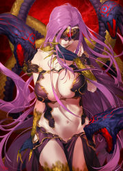 Rule 34 | 1girl, bare shoulders, blindfold, breasts, claws, cleavage, fate/grand order, fate (series), gorgon (fate), hip focus, hip vent, huge breasts, lips, long hair, looking down, medusa (fate), medusa (rider) (fate), monster girl, navel, parted lips, pink hair, rider, scales, snake, solo, thighs, very long hair, yd (orange maru)