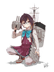 Rule 34 | 1girl, absurdres, aqua bow, aqua bowtie, asymmetrical hair, blue-framed eyewear, blush, boots, bow, bowtie, brown hair, commentary, cross-laced footwear, dress, full body, glasses, grey pantyhose, highres, holding, jacket, kantai collection, lace-up boots, long sleeves, multicolored hair, neve (morris-minicooper), okinami (kancolle), okinami kai ni (kancolle), on one knee, pantyhose, purple dress, purple hair, rigging, shadow, short hair, signature, simple background, smile, solo, two-tone hair, white background, white jacket