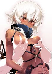 Rule 34 | 10s, 1girl, bad id, bad twitter id, bdsm, bikini, bikini bottom aside, bikini top only, black rock shooter, bondage, bound, breasts, breasts out, clothing aside, covering own mouth, cuffs, dark skin, dress, grabbing, grabbing another&#039;s breast, grabbing from behind, highres, m-da s-tarou, necktie, nipples, ordet, petite, red eyes, restrained, saliva, shackles, short hair, sleeveless, sleeveless dress, small breasts, solo focus, strength (black rock shooter), swimsuit, swimsuit aside, tears, white hair