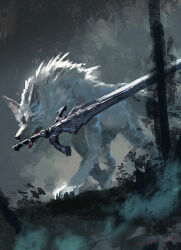 Rule 34 | animal, animal focus, dark souls (series), dark souls i, fog, forest, full body, great grey wolf sif, greatsword, highres, holding, holding sword, holding weapon, huge weapon, miso katsu, mouth hold, nature, no humans, outdoors, sword, tree, weapon, weapon in mouth, wolf