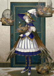 Rule 34 | 1girl, argyle, argyle clothes, argyle legwear, birdcage, blue pantyhose, brown wings, cage, capelet, commentary request, door, dress, feathered wings, green eyes, grey hair, hat, holding, looking at viewer, noki (affabile), original, pantyhose, shoes, solo, white capelet, white dress, white footwear, white hat, wings, witch hat