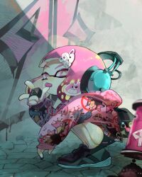 Rule 34 | 1girl, backpack, bag, bike shorts, black bag, black shorts, cross-shaped pupils, from side, hair ornament, hairclip, headphones, highres, hood, hood down, hooded jacket, inkling, inkling girl, inkling player character, jacket, koike3582, long sleeves, nintendo, pink eyes, pink hair, pink jacket, puffy long sleeves, puffy sleeves, shoes, short hair, shorts, single vertical stripe, solo, splatoon (series), squatting, suction bomb (splatoon), symbol-shaped pupils, tongue, tongue out, yellow pupils
