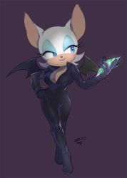 Rule 34 | 1girl, animal ears, animal nose, aqua eyes, aqua eyeshadow, artist name, bat ears, bat girl, bat wings, black bodysuit, bodysuit, boots, breasts, catsuit, commentary, cosplay, dated, elbow gloves, eyeliner, eyeshadow, fang, flipped hair, full body, furry, furry female, gem, gloves, glowing, half-closed eyes, hand on own hip, hand up, happy, holding, latex, looking away, looking to the side, lupin iii, makeup, medium breasts, mine fujiko, mine fujiko (cosplay), osono (osncc), parted lips, purple background, rouge the bat, short hair, sideways glance, signature, simple background, smile, solo, sonic (series), sonic adventure 2, sonic the hedgehog, standing, white hair, wings