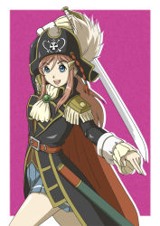 Rule 34 | 1girl, :d, belt, blue eyes, bowieknife, cape, ascot, epaulettes, hair ornament, hairclip, hat, hat feather, katou marika, long hair, miniskirt, miniskirt pirates, open mouth, pink hair, pirate, pirate hat, skirt, skull and crossbones, smile, solo, sword, toy-t, weapon
