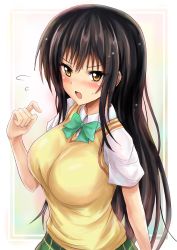 Rule 34 | 1girl, black hair, blush, breasts, brown eyes, collared shirt, hair between eyes, highres, kotegawa yui, large breasts, long hair, looking at viewer, open mouth, r-binon, shirt, short sleeves, solo, straight hair, sweatdrop, sweater, sweater vest, to love-ru, to love-ru darkness, very long hair, white shirt, wing collar, yellow sweater