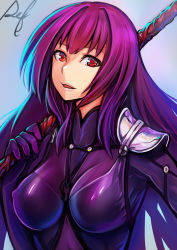 Rule 34 | 1girl, armor, bodysuit, breasts, covered erect nipples, def (chronowarld), fate/grand order, fate (series), gae bolg (fate), gloves, highres, holding, holding weapon, large breasts, long hair, looking at viewer, open mouth, over shoulder, pauldrons, polearm, purple bodysuit, purple hair, red eyes, scathach (fate), shoulder armor, signature, simple background, smile, solo, turtleneck, upper body, very long hair, weapon, weapon over shoulder