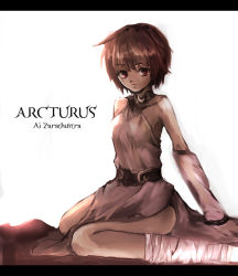 Rule 34 | 1girl, ai zarathustra, arcturus, bandaged leg, bandages, belt, breasts, brown belt, brown hair, closed mouth, commentary request, detached sleeves, dress, expressionless, foot out of frame, leche, letterboxed, looking at viewer, medium breasts, red eyes, short hair, sitting, solo, wariza, white background, white dress, white sleeves