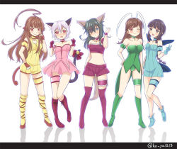 Rule 34 | 5girls, ;), ahoge, aizawa mint, alternate costume, animal ears, arm behind back, arm garter, bare shoulders, bell, black hair, blue eyes, blue gloves, blunt bangs, blush, boots, bow, braid, breasts, bridal garter, brown eyes, brown hair, cat ears, cat tail, choker, commentary request, cosplay, dress, eyepatch, fingerless gloves, fong pudding, fujiwara zakuro, gloves, green hair, hair between eyes, hand on own hip, holding hands, huge ahoge, jingle bell, kantai collection, kiso (kancolle), kitakami (kancolle), knee boots, ko yu, kuma (kancolle), large breasts, leotard, letterboxed, long hair, looking at viewer, medium breasts, mew ichigo, mew ichigo (cosplay), mew lettuce, mew lettuce (cosplay), mew mint, mew mint (cosplay), mew pudding, mew pudding (cosplay), mew zakuro, mew zakuro (cosplay), midorikawa lettuce, midriff, momomiya ichigo, monkey tail, multiple girls, no navel, one eye closed, ooi (kancolle), open mouth, orange gloves, purple eyes, purple hair, red eyes, red gloves, ribbon, short dress, short hair, shorts, single braid, sleeveless, smile, strapless, strapless dress, tail, tail bell, tail bow, tail ornament, tail ribbon, tama (kancolle), thigh boots, thighhighs, tokyo mew mew, twitter username, v, wings, wolf ears, wolf tail