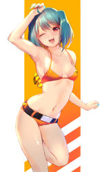 Rule 34 | 1girl, ;d, ahoge, aqua nails, arm up, armpits, bare arms, bare legs, bare shoulders, bikini, bikini top only, blush, breasts, collarbone, green hair, highres, legs, looking at viewer, macross, macross frontier, macross frontier: itsuwari no utahime, micro shorts, nail polish, navel, one eye closed, open mouth, ranka lee, red eyes, shiny skin, shiromonefu, short hair, shorts, small breasts, smile, solo, stomach, strap gap, swimsuit