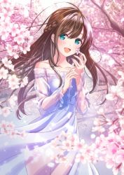 Rule 34 | 1girl, :d, aqua eyes, blurry, blurry background, braid, brown hair, cherry blossoms, collarbone, crown braid, dress, floating hair, flower, hair between eyes, highres, long dress, long hair, necocafe lili, off-shoulder dress, off shoulder, open mouth, original, outdoors, pink flower, see-through, smile, solo, sparkle, spring (season), standing, very long hair, white dress