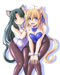 Rule 34 | 2girls, ahoge, animal ears, black hair, black leotard, blonde hair, blue bow, blue bowtie, blunt bangs, bow, bowtie, breasts, brown eyes, cat ears, cat tail, cleavage, detached collar, facing viewer, gluteal fold, hands on own knees, kittysuit, large breasts, leaning forward, leotard, looking at viewer, multiple girls, nontraditional playboy bunny, open mouth, original, pantyhose, purple eyes, red leotard, tail, tonpuu, white background, white bow, white bowtie, wrist cuffs