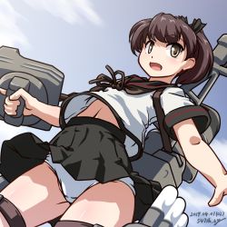 Rule 34 | 1girl, 547th sy, adapted turret, artist name, black sailor collar, black skirt, blue sky, brown eyes, brown hair, cannon, cloud, commentary request, dated, day, dutch angle, highres, kantai collection, machinery, original remodel (kantai collection), panties, ponytail, sailor collar, school uniform, serafuku, shikinami (kancolle), short hair, skirt, sky, solo, turret, underwear, white panties