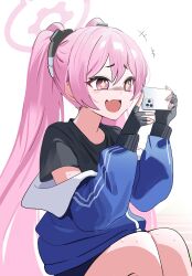 Rule 34 | +++, + +, 1girl, absurdres, black shirt, blue archive, blue jacket, cellphone, clothes down, commentary, fang, fingerless gloves, gloves, gym shirt, gym uniform, halo, highres, holding, holding phone, jacket, koyuki (blue archive), long hair, open mouth, phone, pink eyes, pink hair, shirt, skin fang, smartphone, smile, solo, symbol-only commentary, track jacket, twintails, very long hair, yuki (asayuki101)