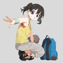 Rule 34 | 10s, 1girl, backpack, bag, between legs, black footwear, black hair, blue bag, capri pants, commentary request, grey background, grey pants, grin, hand between legs, highres, kuraue hinata, looking at viewer, machi (wm), outstretched arm, pants, pocket, purple eyes, sandals, shirt, simple background, smile, solo, squatting, sweatband, tank top, twintails, unworn backpack, unworn bag, v, v-shaped eyebrows, wristband, yama no susume, yellow shirt