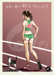 Rule 34 | 1girl, adjusting clothes, adjusting shorts, ass, border, brown background, brown hair, cat, full body, glasses, green shorts, original, outdoors, ponytail, q98780409, red footwear, running track, shorts, sidelocks, sportswear, standing, tan, tanline, white border