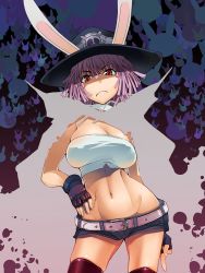 Rule 34 | 1girl, angry, animal ears, asaki takayuki, bandeau, belt, breasts, rabbit, rabbit ears, cameltoe, cape, choker, cleavage, death bunny, fingerless gloves, frown, gloves, groin, dreadlocks, hand on own hip, hat, large breasts, lowleg, middle finger, midriff, navel, pink hair, red eyes, scar, shirt, short hair, short shorts, shorts, skindentation, skull and crossbones, solo, standing, strapless, taut clothes, taut shirt, thighhighs, tube top, wide hips, wrestle! idol, zettai ryouiki