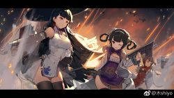 Rule 34 | 3girls, ;o, aircraft, airplane, azur lane, black hair, black legwear, blunt bangs, breasts, brown hair, china dress, chinese clothes, cleavage, cleavage cutout, clothing cutout, covered navel, cowboy shot, detached sleeves, dress, fingerless gloves, gloves, hair rings, kishiyo, large breasts, long hair, machinery, multiple girls, ning hai (azur lane), oil-paper umbrella, one eye closed, outdoors, pelvic curtain, ping hai (azur lane), purple dress, red dress, red eyes, short dress, side slit, small breasts, thighhighs, torn clothes, twintails, umbrella, very long hair, weibo watermark, white dress, white gloves, wide sleeves