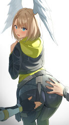 1boy 2girls ass ass_focus blue_eyes blush brown_hair dark_skin deep_skin embarrassed eunie_(xenoblade) fingerless_gloves from_behind gloves grabbing_another&#039;s_ass groping head_wings huge_ass jacket long_hair looking_at_viewer looking_back multiple_girls open_mouth pants ruruo sena_(xenoblade) solo_focus taion_(xenoblade) wings xenoblade_chronicles_(series) xenoblade_chronicles_3