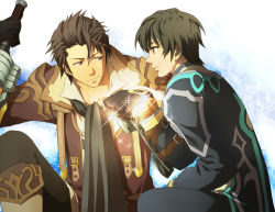 Rule 34 | 2boys, alvin (tales), black hair, brown eyes, brown hair, coat, ascot, housui (g3hopes), jude mathis, male focus, multiple boys, smile, sparkle, tales of (series), tales of xillia, white background