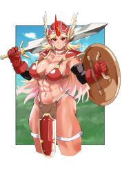 Rule 34 | 1girl, armor, ass, bikini, bikini armor, blonde hair, breasts, cleavage, closed mouth, commentary request, commission, cosplay, cropped legs, dragon quest, dragon quest iii, epaulettes, fugaku (miko no miyatsuguchi), gloves, helmet, highres, holding, holding shield, holding sword, holding weapon, horns, hoshiguma yuugi, large breasts, long hair, looking at viewer, muscular, muscular female, navel, oni horns, outdoors, pelvic curtain, red bikini, red eyes, red gloves, red headwear, red horns, shield, single horn, skeb commission, smile, soldier (dq3), soldier (dq3) (cosplay), solo, swimsuit, sword, touhou, weapon, winged helmet
