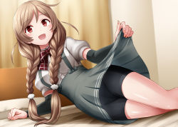 Rule 34 | 1girl, :d, arm warmers, bed, bed sheet, bike shorts, black shorts, blush, braid, breasts, clothes lift, fingernails, grey skirt, kamelie, kantai collection, lifted by self, light brown hair, long hair, medium breasts, minegumo (kancolle), open mouth, pillow, pleated skirt, red eyes, shirt, short sleeves, shorts, shorts under skirt, skirt, skirt lift, smile, solo, twin braids, white shirt