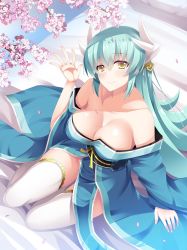 Rule 34 | 1girl, aqua hair, arm support, asakura kukuri, bare shoulders, blush, breasts, cherry blossoms, cleavage, collarbone, fate/grand order, fate (series), from above, groin, hair ornament, highres, horns, japanese clothes, kimono, kiyohime (fate), large breasts, long hair, looking at viewer, off shoulder, outstretched hand, partially visible vulva, pelvic curtain, sitting, skindentation, smile, solo, thighhighs, thighs, white thighhighs, yellow eyes