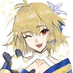 Rule 34 | 1girl, :d, antenna hair, archetype earth, arcueid brunestud, black gloves, blonde hair, collarbone, dress, fate/grand order, fate (series), flower, gloves, hair flower, hair ornament, looking at viewer, one eye closed, open mouth, red eyes, short hair, signature, simple background, smile, solo, star (symbol), teeth, tsukihime, user gpsy5278, v, white background, white dress, white flower