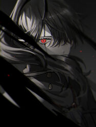 Rule 34 | 1boy, black clover, black hair, black horns, black shirt, collared shirt, demon horns, facial mark, grey background, greyscale, high collar, highres, horns, jewelry, long hair, looking at viewer, monochrome, nacht faust, necklace, ponytail, portrait, red eyes, shirt, solo, spot color, tsugutoku