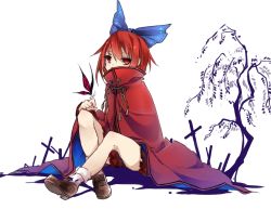 Rule 34 | 1girl, bow, bug, butterfly, butterfly on hand, cape, graveyard, hair bow, bug, red eyes, red hair, sekibanki, simple background, sitting, skirt, solo, touhou, toutenkou