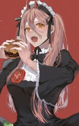Rule 34 | black bow, bow, burger, chainsaw man, cheese, food, highres, holding, holding food, horns, long hair, long sleeves, looking at viewer, maid, maid headdress, open mouth, pink hair, power (chainsaw man), red background, red horns, ribbon, sharp teeth, shimatori (sanyyyy), simple background, solo, teeth, tomato, twintails, yellow eyes