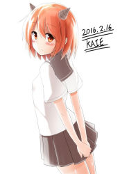 Rule 34 | 1girl, 2016, arms behind back, bad id, bad pixiv id, black skirt, dated, eyebrows, highres, horns, kaieee, looking at viewer, looking back, orange eyes, orange hair, original, own hands together, pleated skirt, shirt, short hair, simple background, skirt, solo, white background, white shirt