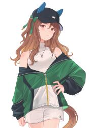 Rule 34 | 1girl, bare shoulders, brown eyes, brown hair, cowboy shot, ear covers, green jacket, highres, horse girl, horse tail, jacket, jewelry, king halo (umamusume), long hair, long sleeves, looking at viewer, necklace, puffy long sleeves, puffy sleeves, rio (rio 067), shorts, solo, tail, umamusume, wavy hair, white background, white shorts