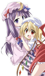Rule 34 | 2girls, bibi02, blonde hair, bow, crescent, dress, embodiment of scarlet devil, fang, female focus, flandre scarlet, hair bow, hat, highres, long hair, multiple girls, open mouth, patchouli knowledge, purple eyes, purple hair, red eyes, short hair, side ponytail, smile, touhou, wings