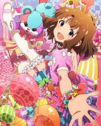 Rule 34 | 10s, 1girl, blue eyes, bracelet, brown hair, crown, dress, food, food-themed hair ornament, food-themed ornament, frilled thighhighs, frilled thighhighs, frills, hair ornament, idolmaster, idolmaster million live!, jewelry, looking at viewer, musical note, official art, short hair, smile, suou momoko, sweets, thighhighs