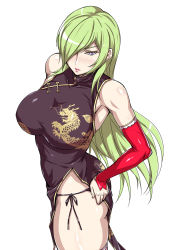 Rule 34 | 1girl, bare shoulders, black beat, black panties, breasts, china dress, chinese clothes, detached sleeves, dress, gold feather (h ero), green hair, hair over one eye, hand on own hip, highres, hip focus, large breasts, long hair, original, panties, purple eyes, side-tie panties, side slit, simple background, solo, taut clothes, thighhighs, turtleneck, underwear, very long hair