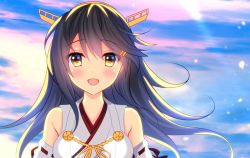 Rule 34 | 10s, 1girl, :d, black hair, blush, commentary request, detached sleeves, hair ornament, hairclip, haruna (kancolle), headgear, kantai collection, long hair, looking at viewer, nontraditional miko, open mouth, ribbon-trimmed sleeves, ribbon trim, smile, solo, upper body, yellow eyes, yuzukaze rio