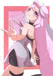 1girl absurdres ass black_shorts blue_hair bow-shaped_hair cherry_blossoms creatures_(company) dress game_freak highres iono_(pokemon) long_hair looking_at_viewer nintendo no_jacket pink_eyes pink_hair pokemon pokemon_sv rono_(lethys) sharp_teeth shorts sleeveless sleeveless_dress solo teeth thigh_strap very_long_hair