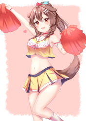 Rule 34 | 1girl, animal ears, arm up, armpits, bare shoulders, bow, braid, breasts, brown hair, cheerleader, choker, crop top, crop top overhang, dog ears, dog girl, dog tail, hair bow, hair ornament, hairclip, hand up, highres, holding, hololive, inugami korone, long hair, looking at viewer, medium breasts, midriff, miniskirt, navel, open mouth, pleated skirt, pom pom (cheerleading), ponytail, red eyes, shirt, skirt, sleeveless, sleeveless shirt, smile, solo, stomach, tail, thighs, twin braids, virtual youtuber, yellow shirt, yellow skirt, yuano