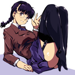 Rule 34 | 1girl, black hair, black thighhighs, blunt bangs, braid, breasts, brown eyes, buttons, commentary request, freckles, glasses, hand up, jacket, kamisimo 90, knees up, looking at viewer, medium breasts, necktie, original, panties, plain girl (kamisimo 90), pleated skirt, skirt, smile, thighhighs, twin braids, underwear, waving, weapon