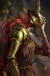 Rule 34 | 1girl, absurdres, belt, blurry, blurry background, brown dress, closed mouth, depth of field, dress, elden ring, from side, helmet, highres, holding, holding helmet, long hair, malenia blade of miquella, mechanical arms, profile, prosthesis, prosthetic arm, red hair, single mechanical arm, solo, standing, varrulin, winged helmet