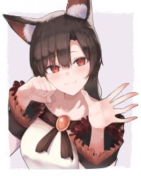 Rule 34 | 1girl, absurdres, animal ear fluff, animal ears, bare shoulders, brown hair, collarbone, dress, frilled sleeves, frills, hair between eyes, highres, imaizumi kagerou, long sleeves, pollux368, puffy long sleeves, puffy sleeves, red eyes, smile, solo, touhou, upper body, white dress, wolf ears, wolf girl