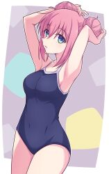 Rule 34 | 1girl, armpits, arms up, bare arms, bare shoulders, blue eyes, blue one-piece swimsuit, blush, bocchi the rock!, breasts, collarbone, covered navel, double bun, e20, gotoh hitori, hair between eyes, hair bun, highres, looking at viewer, medium breasts, one-piece swimsuit, outside border, parted lips, solo, swimsuit