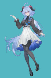 Rule 34 | 1girl, absurdres, ahoge, aqua background, black footwear, black pantyhose, black shirt, blue hair, blue nails, bracelet, breasts, buttons, closed mouth, commentary, crossed bangs, curled horns, echj, full body, ganyu (china merchants bank) (genshin impact), ganyu (genshin impact), genshin impact, hair between eyes, high heels, highres, horns, index finger raised, jewelry, large breasts, long hair, long sleeves, looking at viewer, nail polish, pantyhose, purple eyes, red-framed eyewear, red horns, shirt, sidelocks, simple background, skirt, smile, solo, symbol-only commentary, white skirt