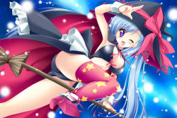 Rule 34 | 1girl, ;d, aimi mitsuki, armpits, arms up, blue hair, blush, breasts, broom, cape, cleavage, cleavage cutout, clothing cutout, hat, highres, ima mo itsuka mo faluna luna, kamiya tomoe, light particles, long hair, one eye closed, open mouth, patterned legwear, pink thighhighs, print thighhighs, purple eyes, salute, single thighhigh, smile, solo, star (symbol), star print, thighhighs, twintails, very long hair, wallpaper, wink, witch, witch hat, wrist cuffs