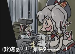 Rule 34 | 1girl, @ @, afterimage, angry german kid, beret, cd, cowboy shot, epaulettes, ferret-san, frilled sleeves, frills, gloves, grey hair, grey skirt, hat, jacket, kantai collection, kashima (kancolle), keyboard (computer), military jacket, military uniform, mouse (computer), neckerchief, open mouth, red neckerchief, skirt, solo, translation request, twintails, uniform, wavy hair, white gloves