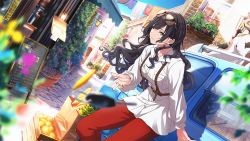 Rule 34 | 1girl, artist request, bag, black hair, blue sky, cat, collared shirt, commentary request, dress shirt, drying, drying clothes, dutch angle, earrings, eyewear on head, food, fruit, hair between eyes, highres, idolmaster, idolmaster shiny colors, jewelry, leaning back, long hair, menu, menu board, motor vehicle, nail polish, official art, one eye closed, outdoors, pants, plant, red nails, red pants, ring, shirase sakuya, shirt, sidelocks, sketching, sky, storefront, suspenders, van, wavy hair, white shirt, yellow eyes