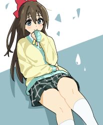 Rule 34 | 1girl, arm rest, black skirt, blue background, blue eyes, bow, brown hair, cardigan, closed mouth, dot nose, feet out of frame, hair between eyes, hair bow, half updo, hand to own mouth, hand up, hasubou (isaribashi), invisible chair, jaggy lines, kneehighs, knees together feet apart, layered clothes, layered sleeves, light blush, long hair, long sleeves, looking at viewer, love live!, love live! nijigasaki high school idol club, miniskirt, neck ribbon, nijigasaki academy school uniform, osaka shizuku, plaid, plaid skirt, pleated skirt, red bow, ribbon, school uniform, sitting, skirt, sleeves past wrists, smile, socks, solitude rain (love live!), solo, split mouth, thighs, two-tone background, water drop, white background, white socks, yellow cardigan, yellow ribbon