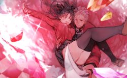 Rule 34 | 1boy, 1girl, archer (fate), black hair, fate/stay night, fate (series), gem, hatutaro, long hair, red theme, sword, thighhighs, tohsaka rin, two side up, weapon
