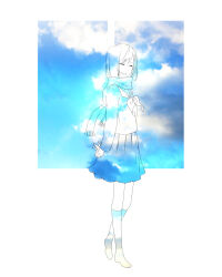 Rule 34 | 1girl, alternate color, arms behind back, asahimachi, blue sky, closed eyes, cloud, cloudy sky, day, enpera, facing to the side, fringe trim, full body, hair ornament, hairclip, highres, holding, kagerou project, long sleeves, mekakucity actors, neckerchief, no shoes, open mouth, origami, paper crane, pleated skirt, scarf, school uniform, serafuku, simple background, skirt, sky, sky print, smile, socks, solo, standing, tateyama ayano, white background, white neckerchief