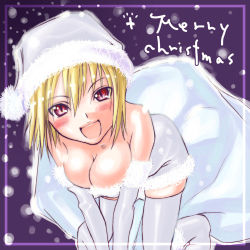Rule 34 | 00s, 1girl, arcueid brunestud, bad anatomy, blonde hair, breasts squeezed together, breasts, christmas, cleavage, elbow gloves, gloves, hat, large breasts, lowres, poorly drawn, red eyes, santa costume, santa hat, solo, thighhighs, tsukihime, white gloves, white santa costume